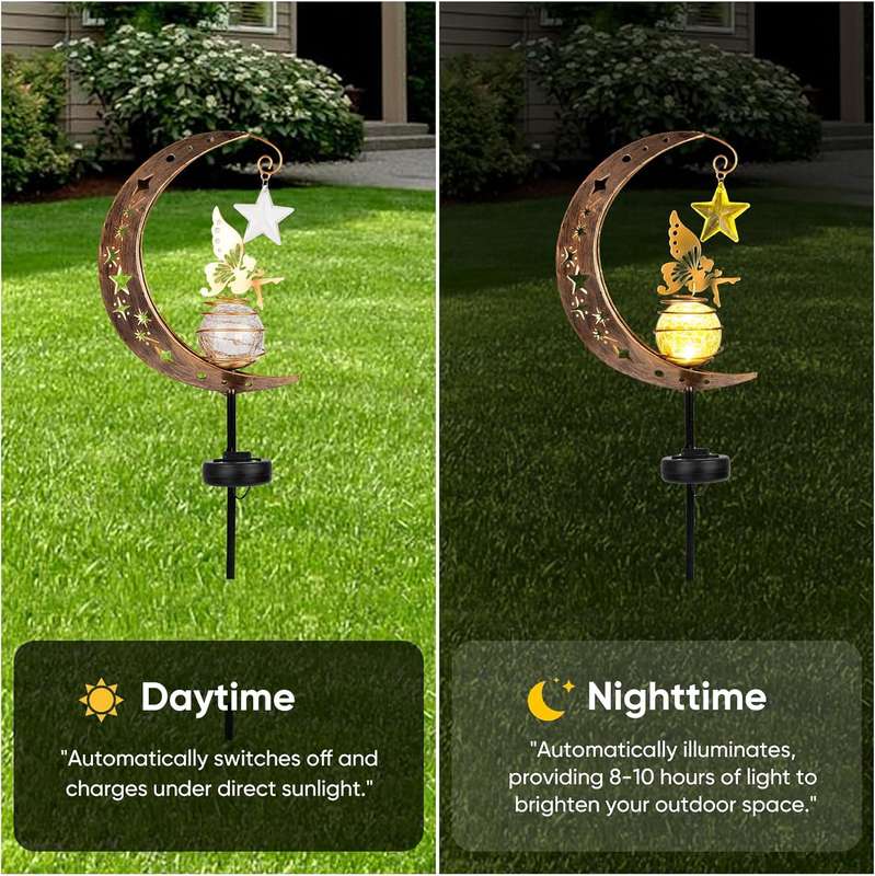 Fairy Solar Garden Lights, Moon Fairy Crackle Glass Lights