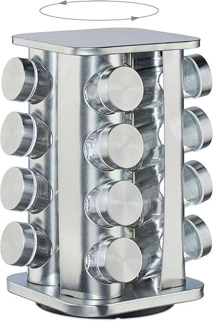 Spice Carousel with 16 Jars on 4 Tiers, 360° Rotation, Shakers, Stainless Steel, Silver