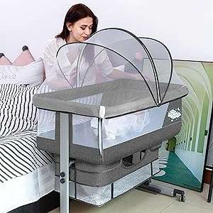 Co-Sleeping Cot, Cot with Mattress and Mosquito Net, Travel Cot with Wheels, Adjustable Height, Cosl