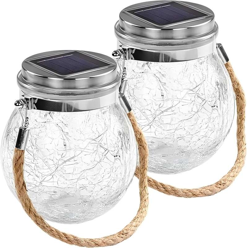 Solar Cracked Glass Hanging Lanterns with Handles  Set of 2
