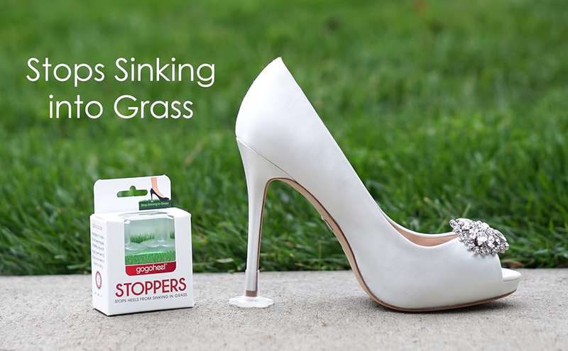 GoGoHeel STOPPERS Heel Protectors on white high heel shoe with packaging and grass background
