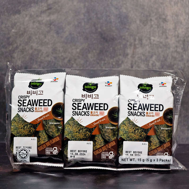 Bibigo Crispy Seaweed Snack Korean BBQ Flavour (3 Pack) 15g