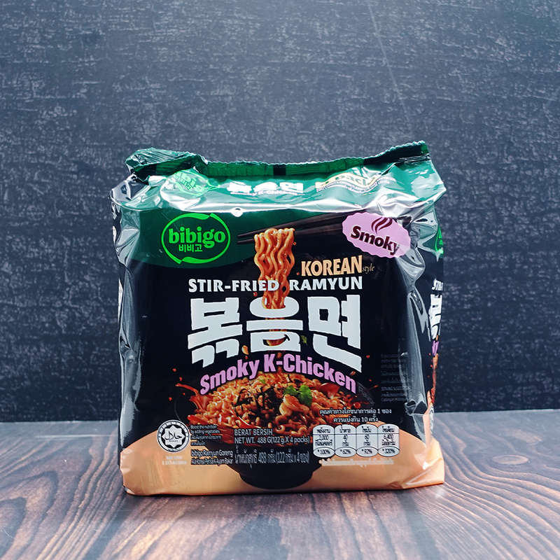 Bibigos Stir-Fried Ramyun Smoky K-Chicken Flavoured Noodles 4 Pack(122g x 4)