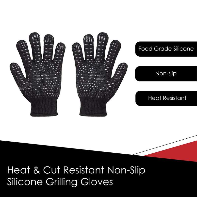 Kitchen Kult Heat &amp; Cut Resistant Non-Slip Silicone Grilling Gloves - Black