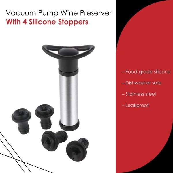Kitchen Kult Vacuum Pump Wine Preserver with 4 Silicone Stoppers
