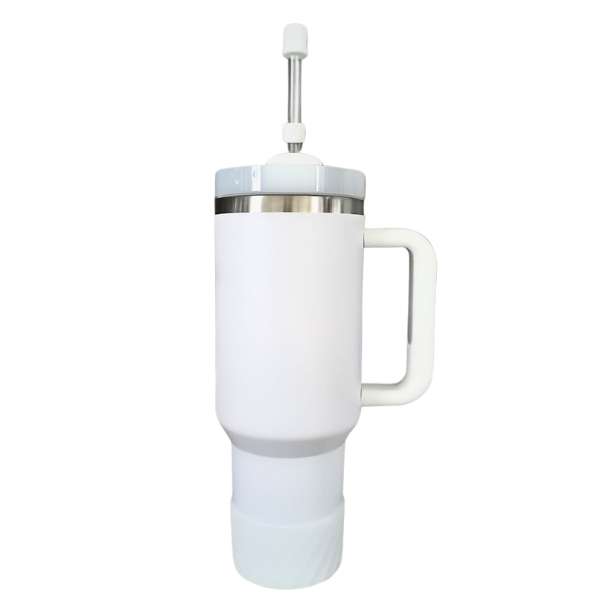 White Insulated S/Steel Tumbler with Protective Boot and Straw Cover - with White Accessories