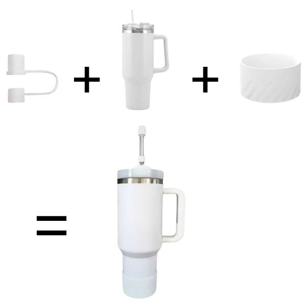 White Insulated S/Steel Tumbler with Protective Boot and Straw Cover - with White Accessories