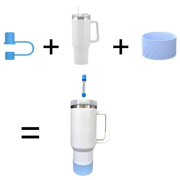 White Insulated S/Steel Tumbler with Protective Boot and Straw Cover - with Blue Accessories