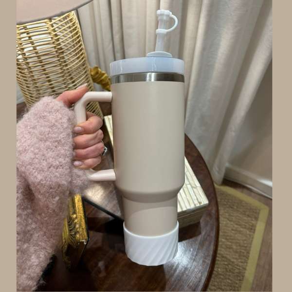 Pink Insulated Stainless Steel Tumbler with Protective Boot and Straw Cover - With Pink Accessories