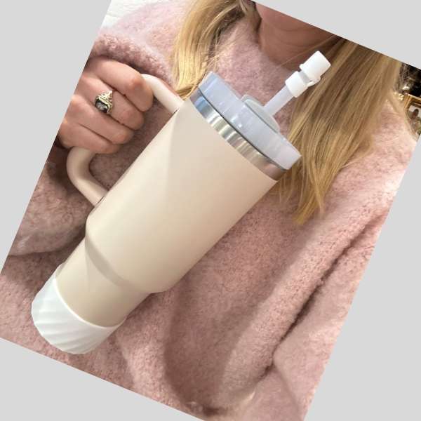Pink Insulated Stainless Steel Tumbler with Protective Boot and Straw Cover - With Pink Accessories