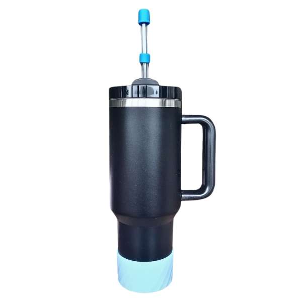 Black Insulated Stainless Steel Tumbler w/ Protective Boot and Straw Cover - with Blue Accessories
