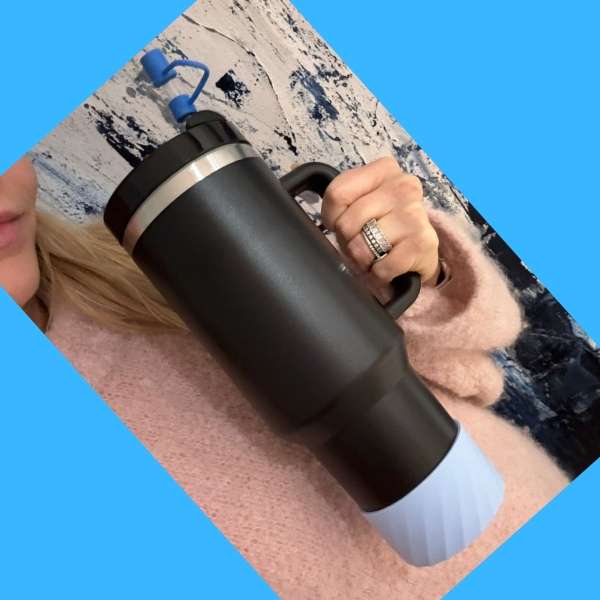 Black Insulated Stainless Steel Tumbler w/ Protective Boot and Straw Cover - with Blue Accessories