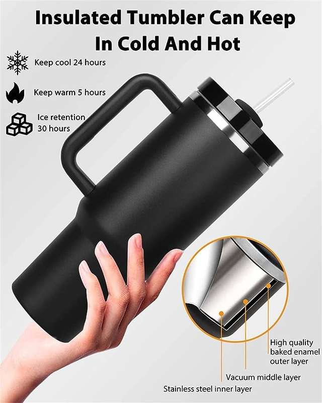 Black Insulated Stainless Steel Tumbler w/ Protective Boot and Straw Cover - with Blue Accessories