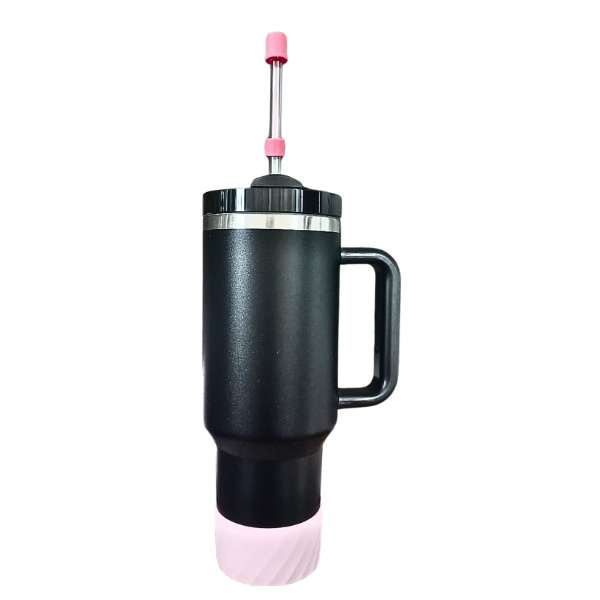 Black Insulated Stainless Steel Tumbler w/ Protective Boot and Straw Cover - with Pink Accessories