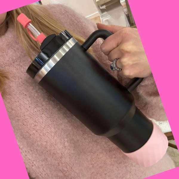 Black Insulated Stainless Steel Tumbler w/ Protective Boot and Straw Cover - with Pink Accessories