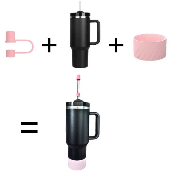 Black Insulated Stainless Steel Tumbler w/ Protective Boot and Straw Cover - with Pink Accessories