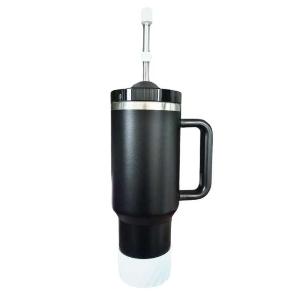Black Insulated Stainless Steel Tumbler w/ Protective Boot and Straw Cover - with White Accessories