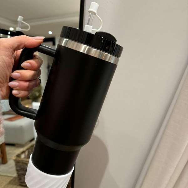 Black Insulated Stainless Steel Tumbler w/ Protective Boot and Straw Cover - with White Accessories
