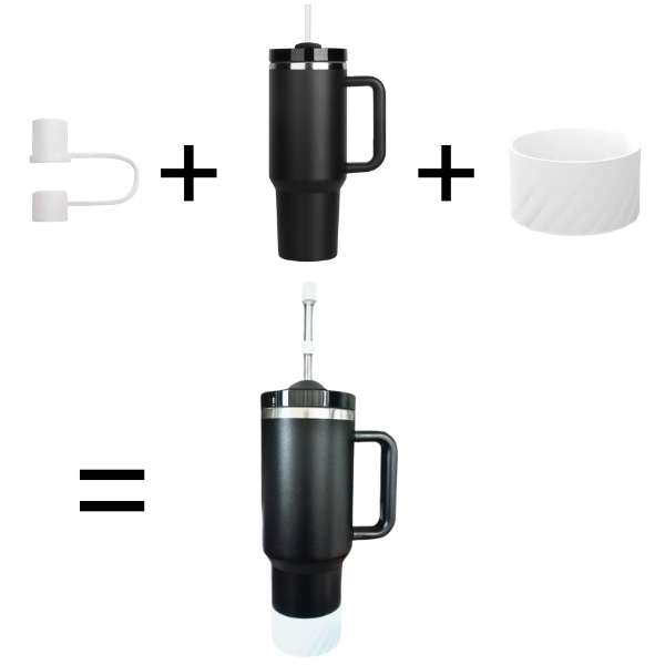 Black Insulated Stainless Steel Tumbler w/ Protective Boot and Straw Cover - with White Accessories