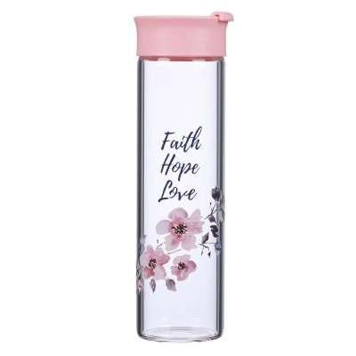 Faith Hope Love Glass Water Bottle in Pink - 1 Corinthians 13:13