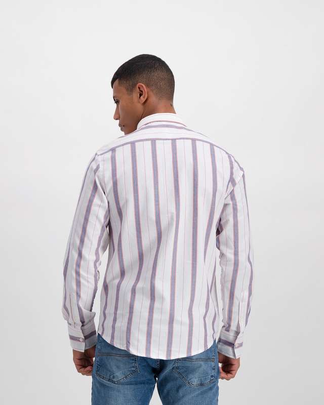 Brave Soul Striped Long Sleeve Oxford Shirt - White (M)