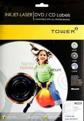 Tower W228 Inkjet-Laser DVD/CD Full Face Labels (25 sheets)(117mm)