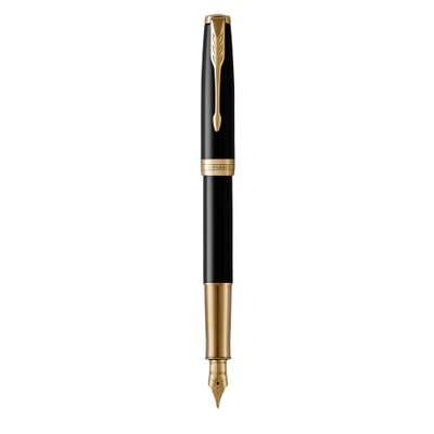 Parker Sonnet Medium 18K Gold Nib Fountain Pen (Black with Gold Trim)(Black Ink) - Presented in a Gi