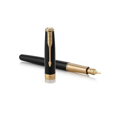 Parker Sonnet Medium 18K Gold Nib Fountain Pen (Black with Gold Trim)(Black Ink) - Presented in a Gi