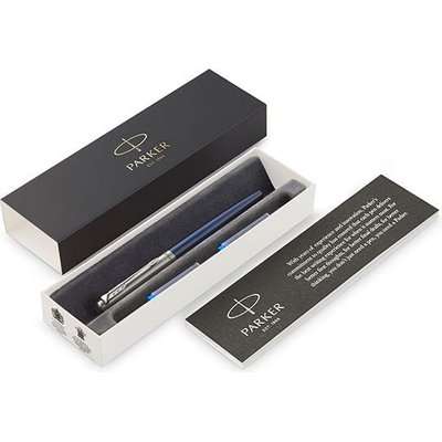 Parker Jotter Fountain Pen - Medium Nib, Blue Ink (Royal Blue with Chrome Trim) - in Gift Box