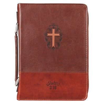 John 3:16 Collection Two-Tone Brown Faux Leather Bible Cover With Cross (Medium) (Leather / fine bin