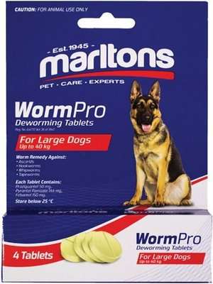 Marltons WormPro Deworming Tablets for Large Dogs Up to 40kg (4 Tablets)