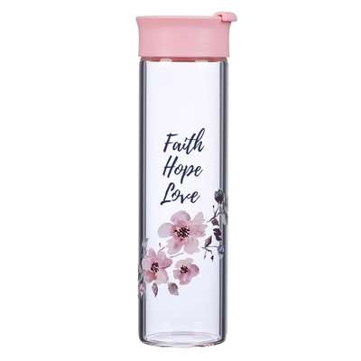Faith Hope Love Glass Water Bottle in Pink - 1 Corinthians 13:13