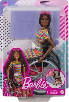 Barbie Fashionistas Doll with Wheelchair - Colourful Striped Dress (Brunette Hair)(No.166)