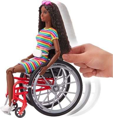 Barbie Fashionistas Doll with Wheelchair - Colourful Striped Dress (Brunette Hair)(No.166)