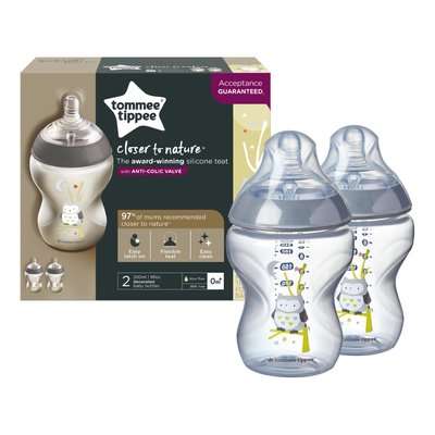 Tommee Tippee Closer To Nature Baby Bottle (2-Pack)(Grey)(260ml)(Ollie The Owl)(0 Months +)