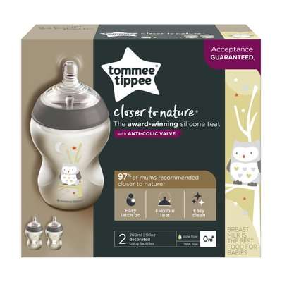 Tommee Tippee Closer To Nature Baby Bottle (2-Pack)(Grey)(260ml)(Ollie The Owl)(0 Months +)