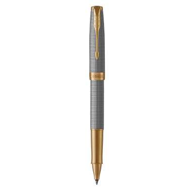 Parker Sonnet Fine Nib Rollerball Pen (Chiselled Silver with Gold Trim)(Black Ink) - Presented in a