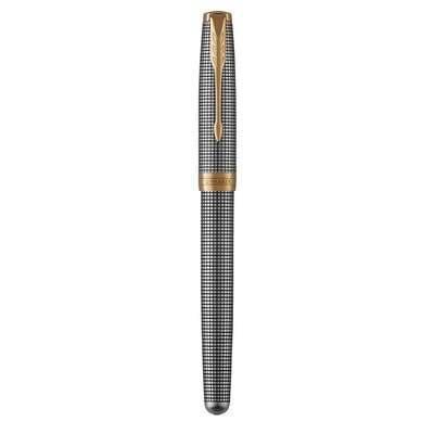 Parker Sonnet Fine Nib Rollerball Pen (Chiselled Silver with Gold Trim)(Black Ink) - Presented in a