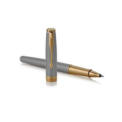 Parker Sonnet Fine Nib Rollerball Pen (Chiselled Silver with Gold Trim)(Black Ink) - Presented in a
