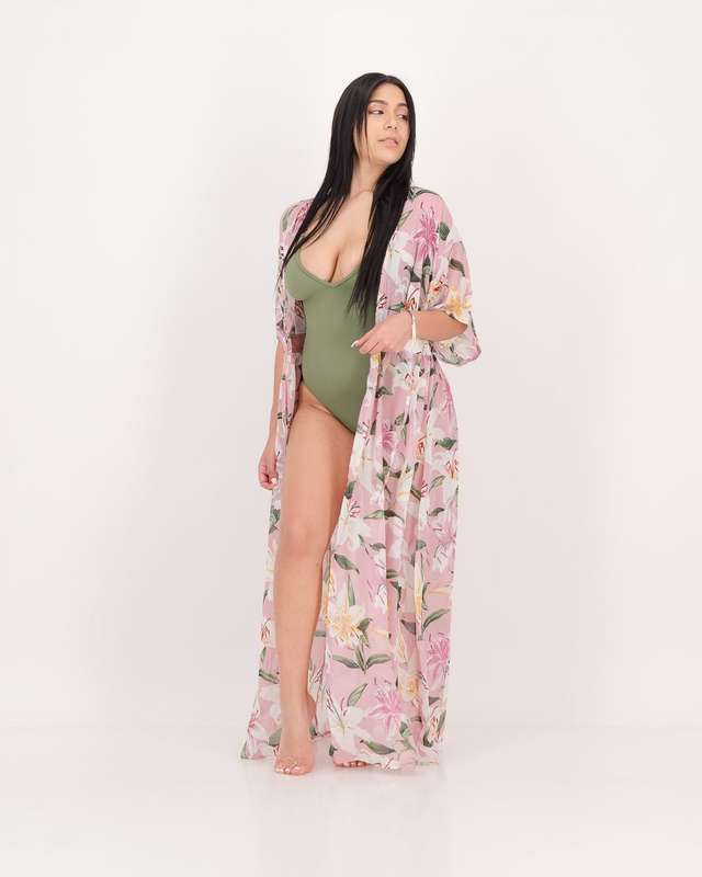 LaMode Long Length Blouse With Kimono Sleeve - Pink Print (36)