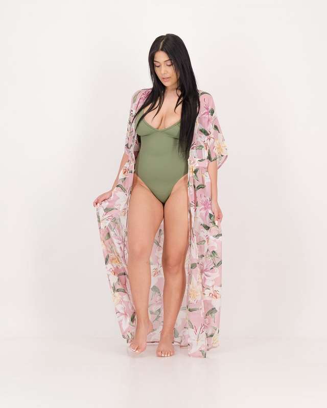 LaMode Long Length Blouse With Kimono Sleeve - Pink Print (36)