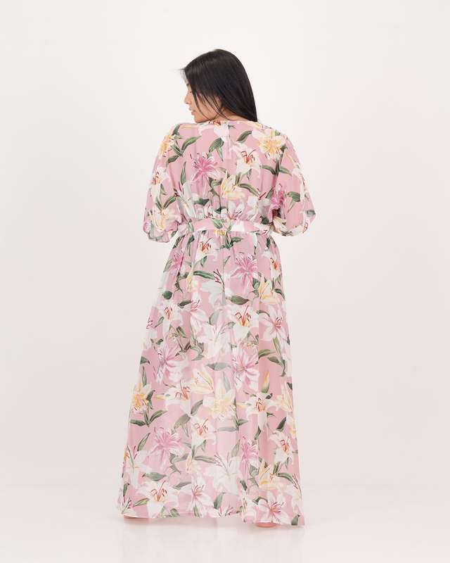 LaMode Long Length Blouse With Kimono Sleeve - Pink Print (36)