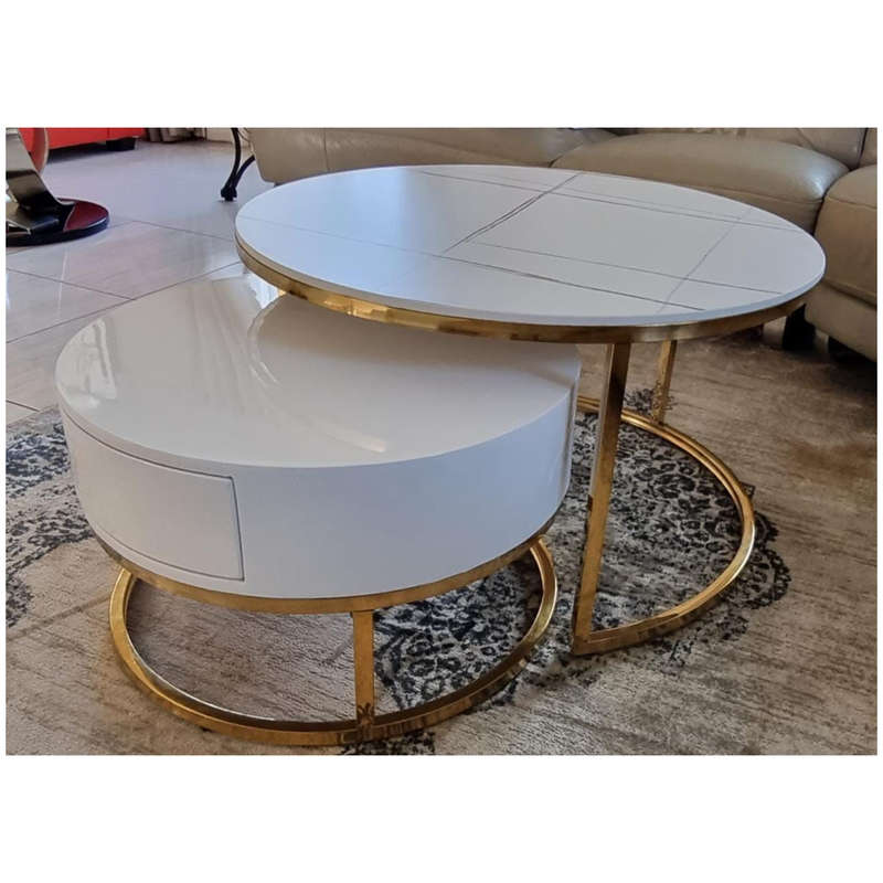 Modern Nesting Round End Coffee Table and Table with Drawer