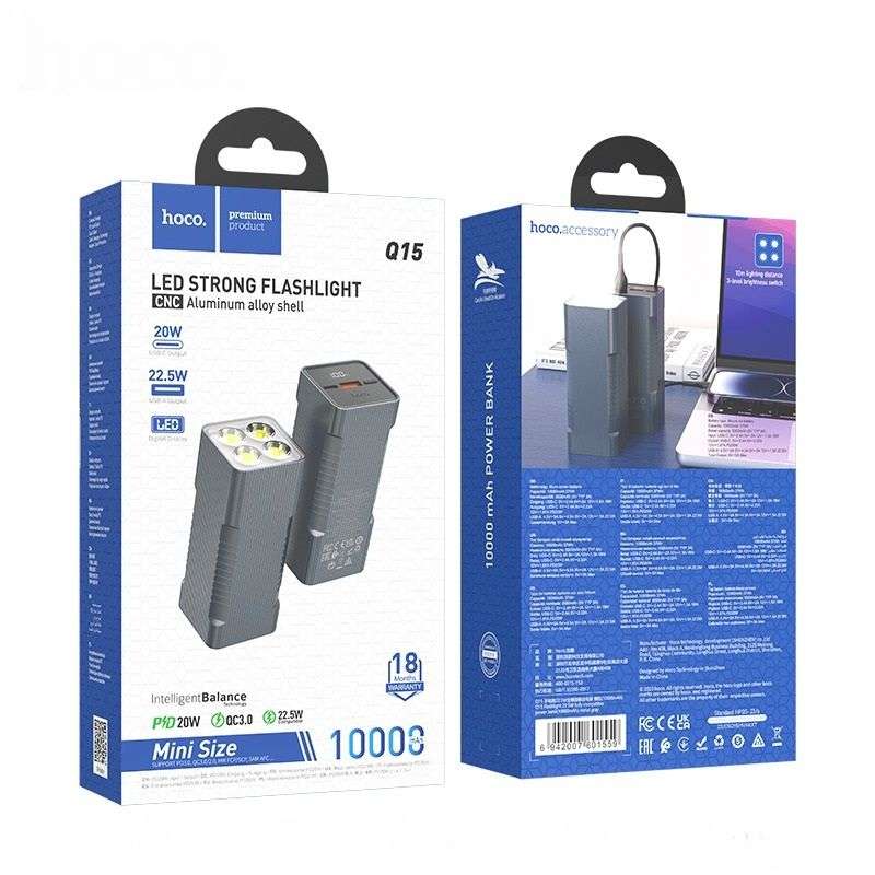 Hoco. Q15 10000mAh Fast Charging Power Bank with Built-in Flashlight - Black