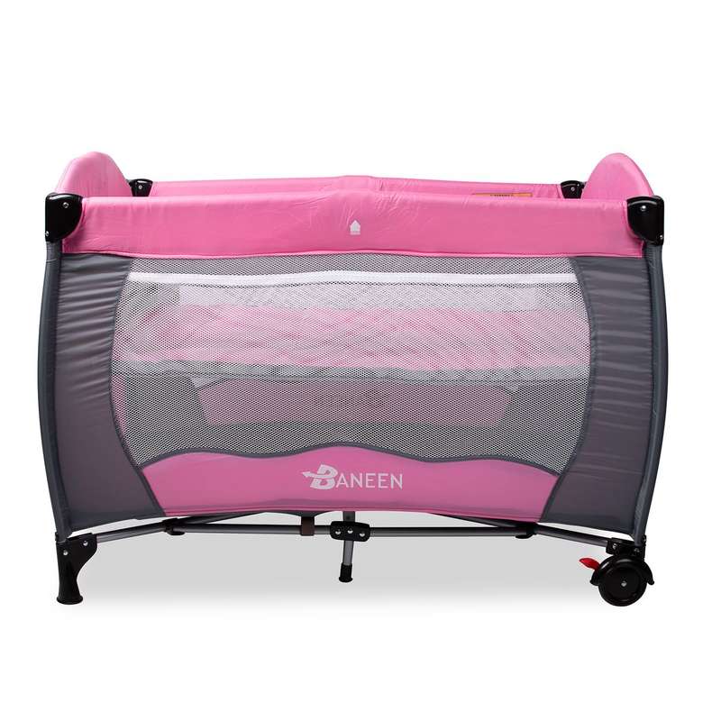 Baby Cot Crib w/ Diaper Changer, Net, Toys and Game Entrance - Pink