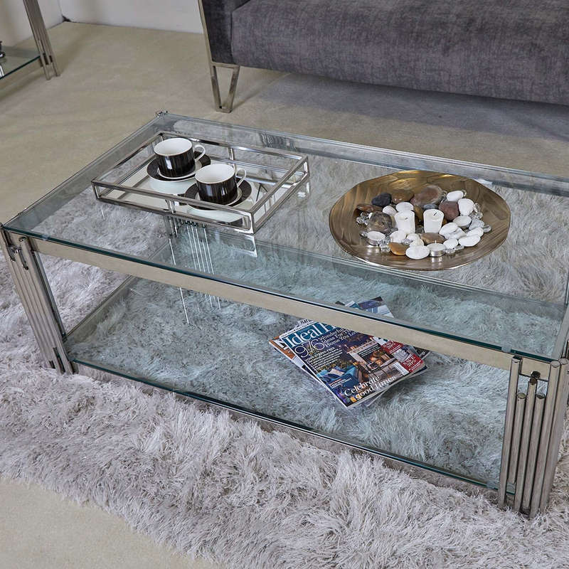 Coffee Tables -Rectangular Tempered Glass Top with Steel Frame-CS-12