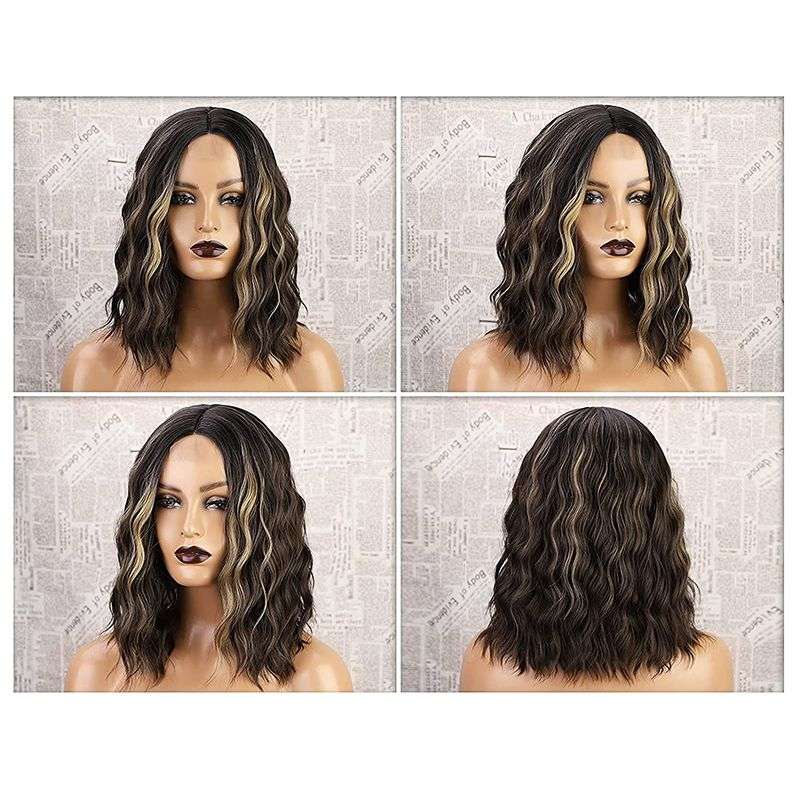 14inch Short Curly Wig Synthetic Shoulder Length Ombre Wigs - Brown Mixed Blonde