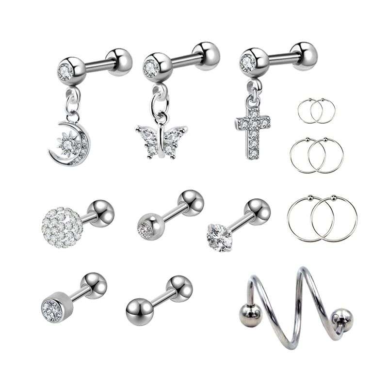 15 Pieces 16G Cartilage Earring Steel Cartilage Stud Earring Hoop Set