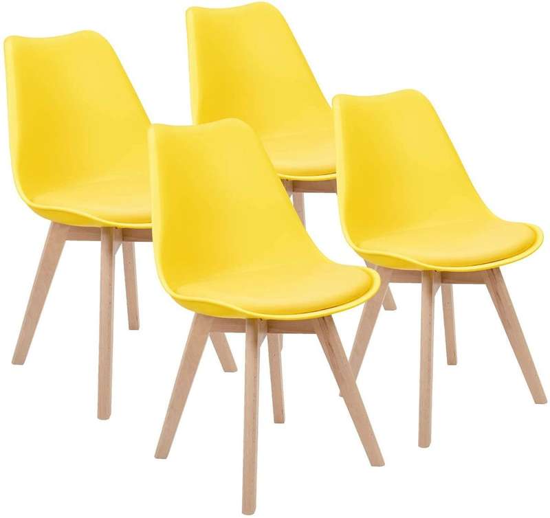 Padded Seat Wooden Leg Dining Chairs - Pack of Four - Yellow Colour