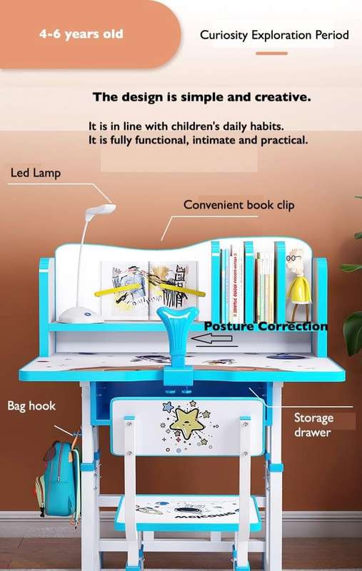 Children's Height Adjustable Desk and Chair Set with Shelf - Blue
